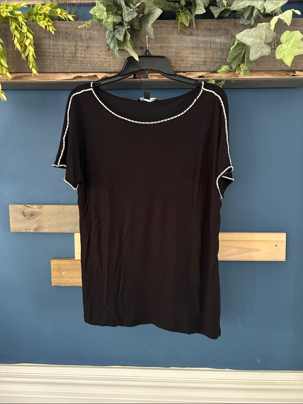 INC International Concepts Black Short Sleeve Tee with Rhinestone trim XL.  EUC